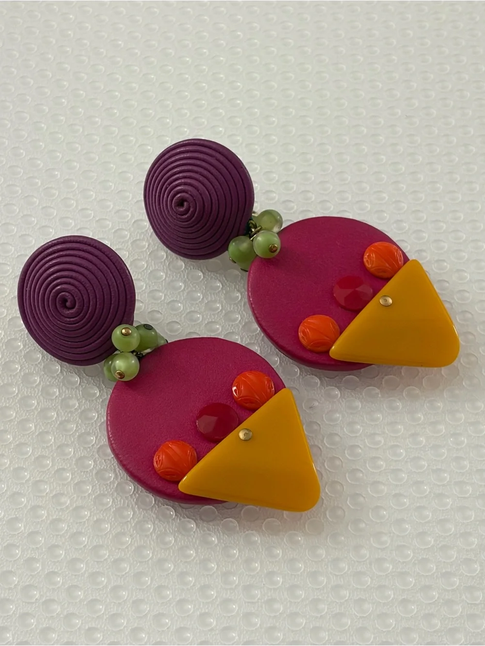 Epic Y2K ALL LEATHER Artisan SIGNED Chunky Statement Earrings Purple Pink Yellow